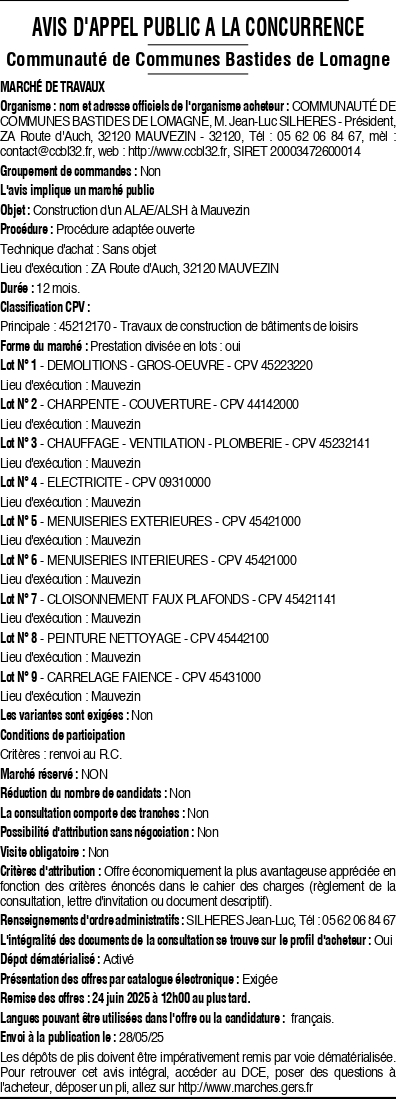 MAPA > 90K€ - MARCHÉ DE SERVICES - Construction ALAE/ALSH - Mauvezin